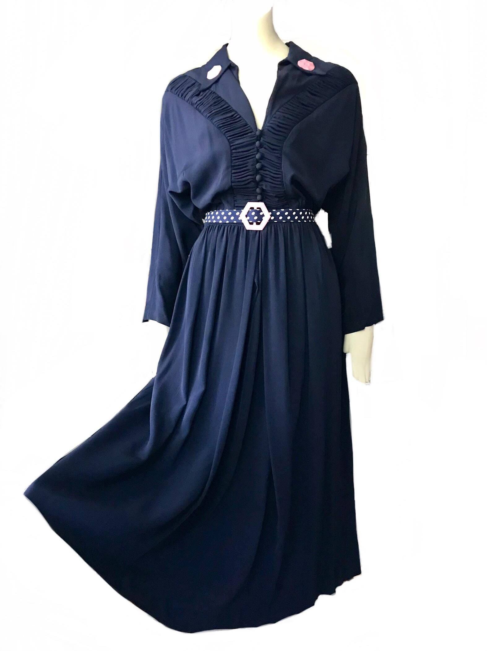 Vintage 1940s Navy Blue Rayon Shirt Dress / 40s Pink Lucite