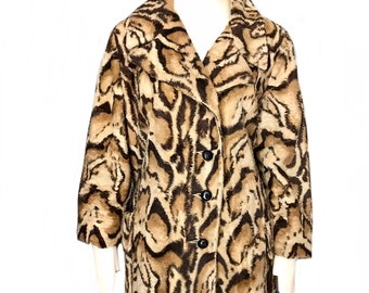 vintage 1960s 70s faux leopard  fur coat/ animal print pea coat  / winter jacket  Manimals by Greenlea size Medum/Large