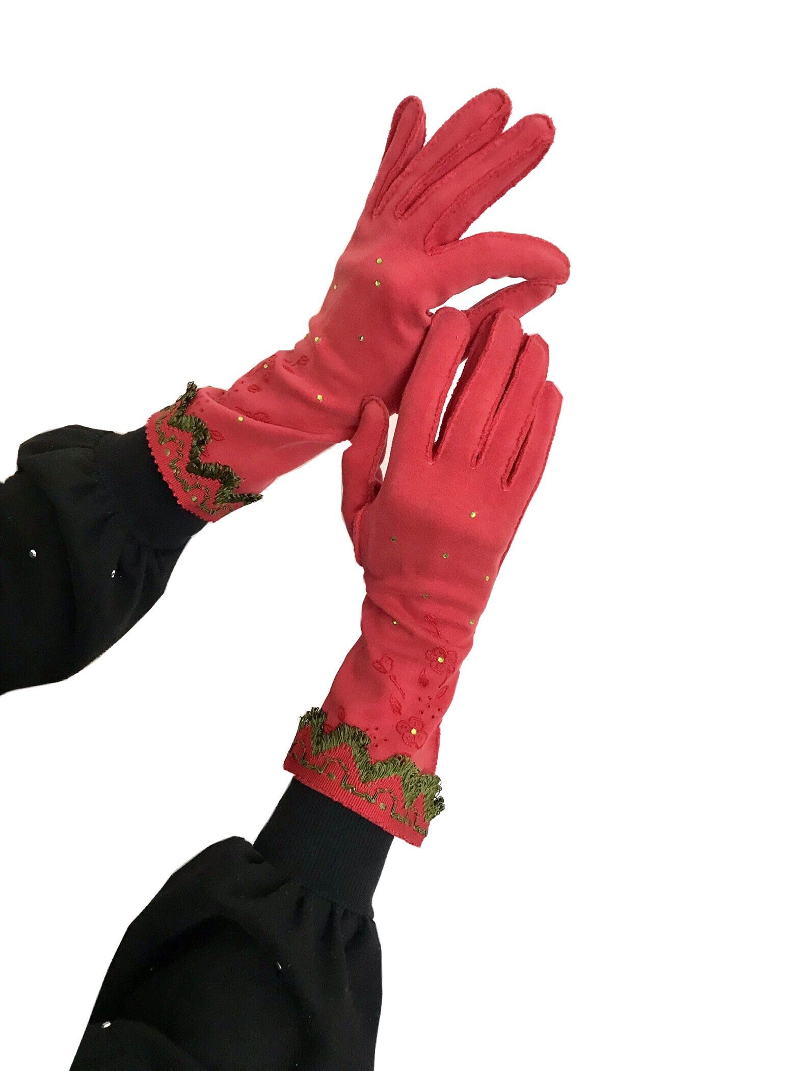 1940s red green fringe gloves/ WWII swing rockabilly  green rhinestone gloves/ 50s evening gloves / SEO Collection