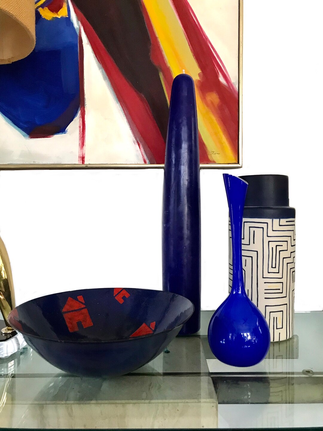 Vintage 1990s Made in USA Large Modernist Cobalt Blue Table Candle