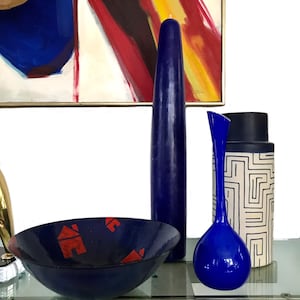 vintage 1990s made in USA large Modernist cobalt blue table candle / tall minimalist candle Barrick Design Lancaster PA