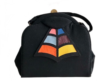 vintage 1940s refashioned Novelty leather spiderweb purse / 40s Art Deco black wool felt purse/ rockabilly bag / SEO Collection