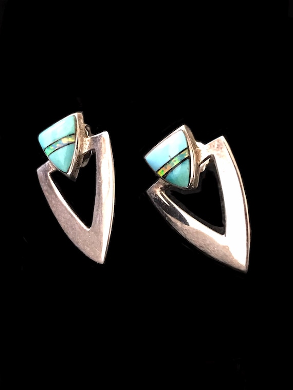 signed Turquoise Agate stone triangle Shape Sterl… - image 1