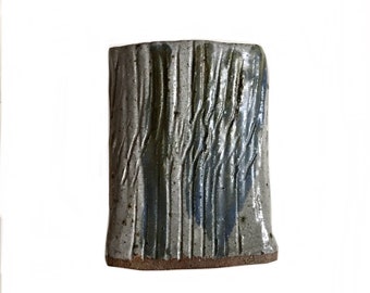 Signed 1970s mid century gray blue abstract ceramic vase / modernist art studio pottery