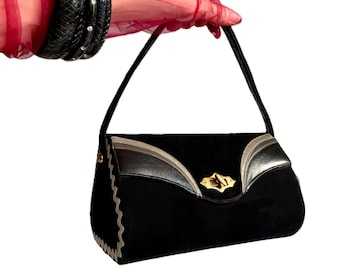 vintage 1940s  black suede and leather box Purse  / 40s unusual oval Handbag film noir Rockabilly Swing