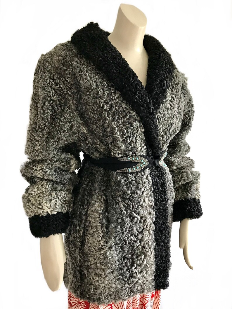 vintage 1940s gray black curly lamb wool coat WWII swing rockabilly Mongolian wool winter coat size largeXlarge