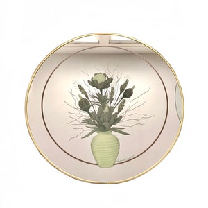 large signed 1980s post Modern brass etched floral round mirror / 1980s Hollywood Regency circle framed wall mirror
