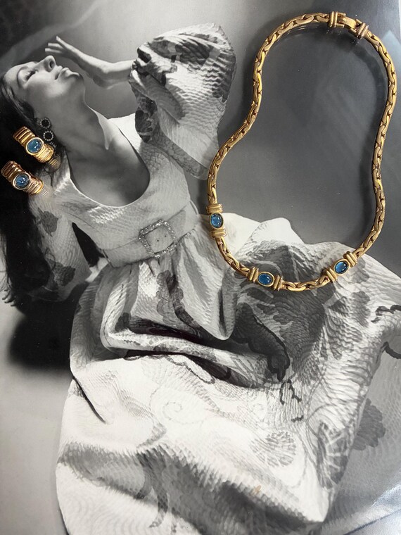 DAVID GRAU Famous Barcelona Designer Runway blue cabochon necklace and earrings / 1980s Necklace and Earrings Set