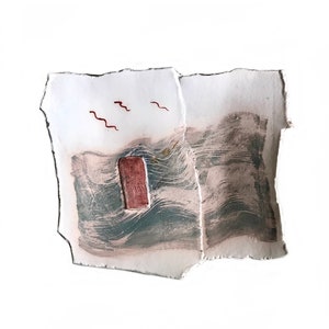 May include: A textured, abstract painting on paper with a red door and red lines in the upper left corner. The painting is in shades of gray, white, and brown.