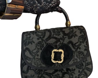 1960s Italienische schwarz gold Chenille Tasche / gesteppte Stofftasche / Mid Century Tasche / modische goldfarbene Schnalle / Geldbörse / Made in Italy