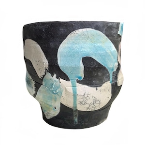 Contemporary Raku fired black white blue art studio pottery stoneware large bowl / Modernist ceramic crackle planter catch all