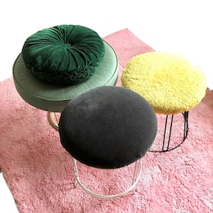 mid century style white metal stool / modernist gray velvet round ottoman/ vanity chair bench