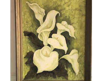 SPECIAL OFFER signed mid century green Still life floral painting / original framed 1970s Calla Lily flower wall art