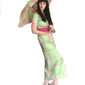 vintage 1960s Leslie Fay green pink floral tropical Mandarin style dress / 60s summer Tiki maxi dress size Medium