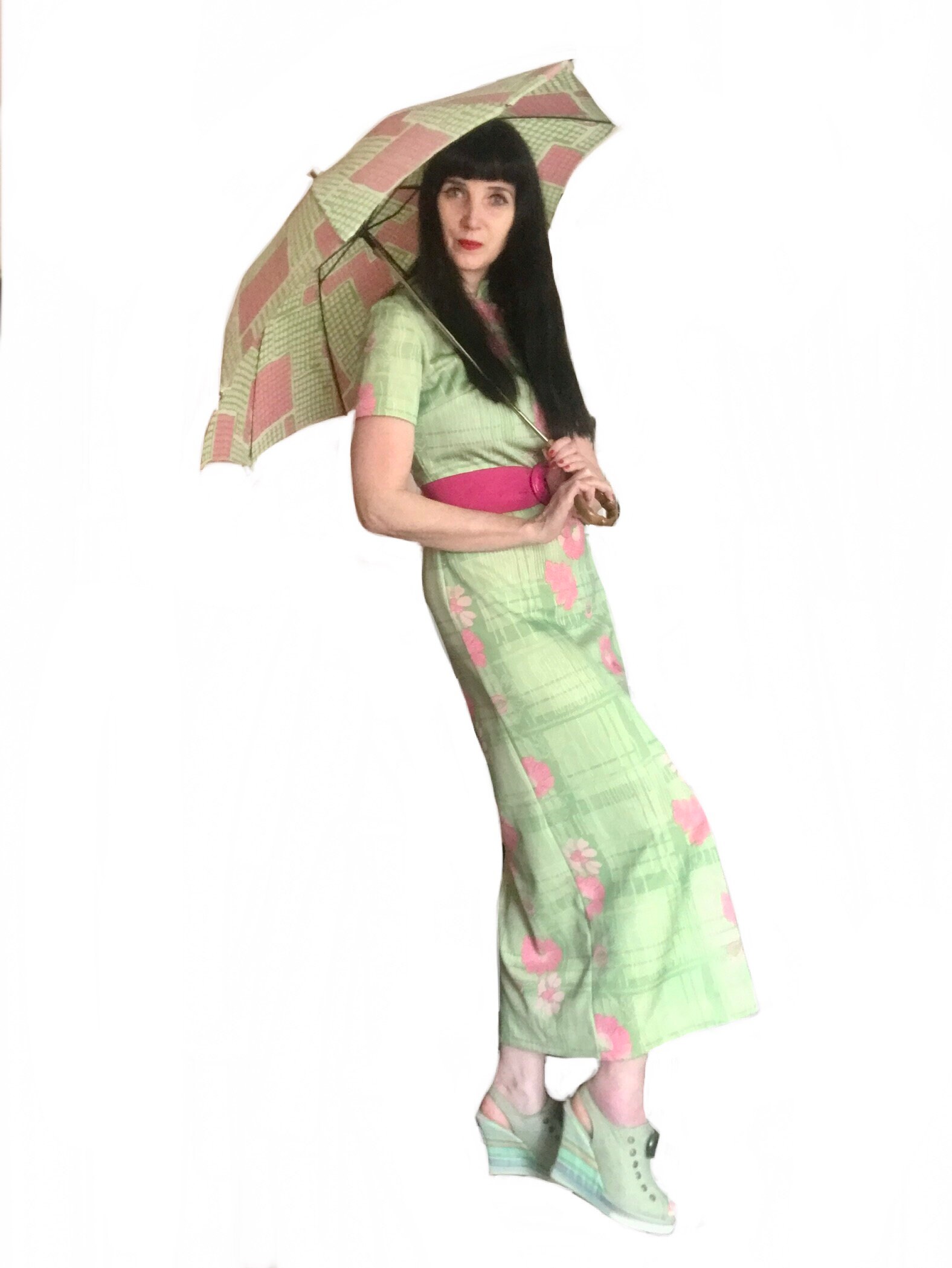 vintage 1960s Leslie Fay green pink floral tropical Mandarin style dress / 60s summer Tiki maxi dress size Medium