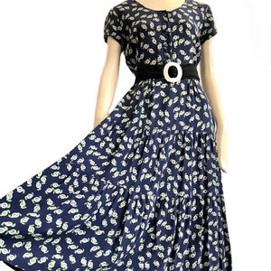 1950s Novelty buckle belt blue green crepe rayon Dress / cocktail party day dress/ 50s full skirt dress / Rockabilly pin up dress
