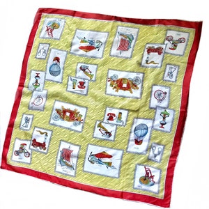 1950s silk novelty multi color scarf / history of inventions hand rolled scarf made in Japan