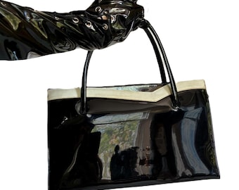 Sac à main en cuir verni noir et blanc vintage des années 1950 / sac à main rockabilly du milieu du siècle / sacs Lennox