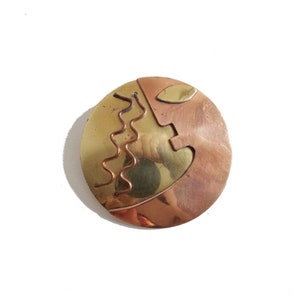 vintage 1970s brutalist metal brooch / 60s brass copper modernist pin / mid century mixed metal chunky brooch