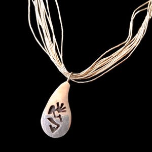 Hopi signed Clement Honie Biomorphic overlay Sterling Silver Kokopelli pendant with 10 strand silver necklace / handmade Southwest jewelry