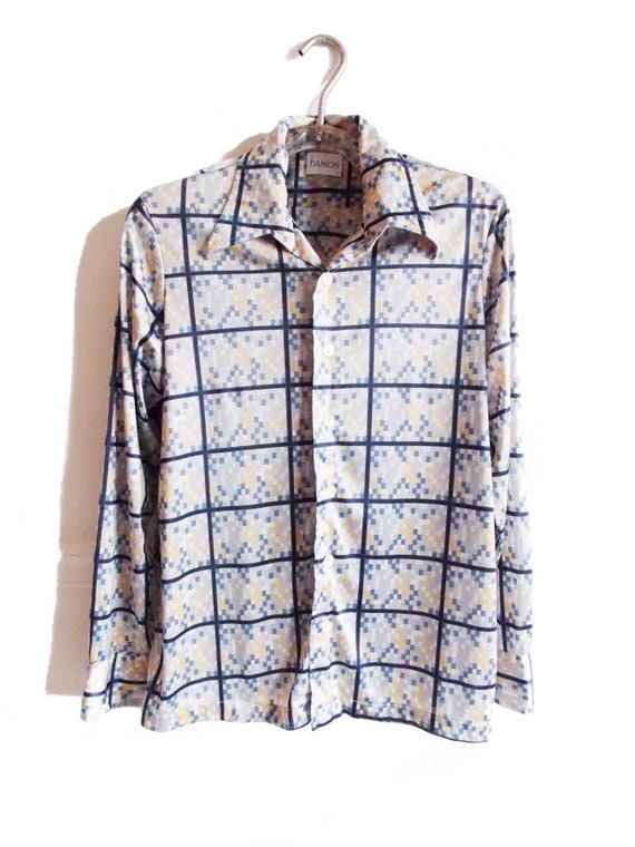 1970s blue grid print blouse/ 70s color block ret… - image 1