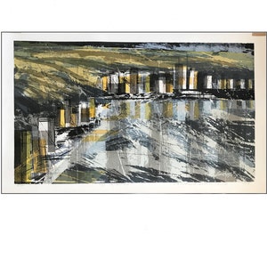 May include: Abstract landscape painting with a muted color palette of gray, black, white, and yellow. The painting depicts a series of buildings or structures along a body of water.