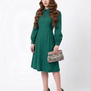 Vintage 1930s 1940s Forest Green Wool Dress |  Soutache Embroidery | WWII Era Tailored Day Dress small/medium