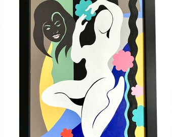 signed Contemporary Matisse style nude Painting / multi color acrylic abstract figural form framed wall art