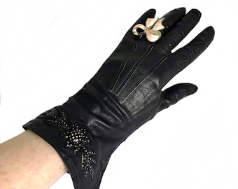 vintage 1930s black leather Gauntlet gloves / WWII swing era rockabilly floral gloves/ 30s designer evening gloves