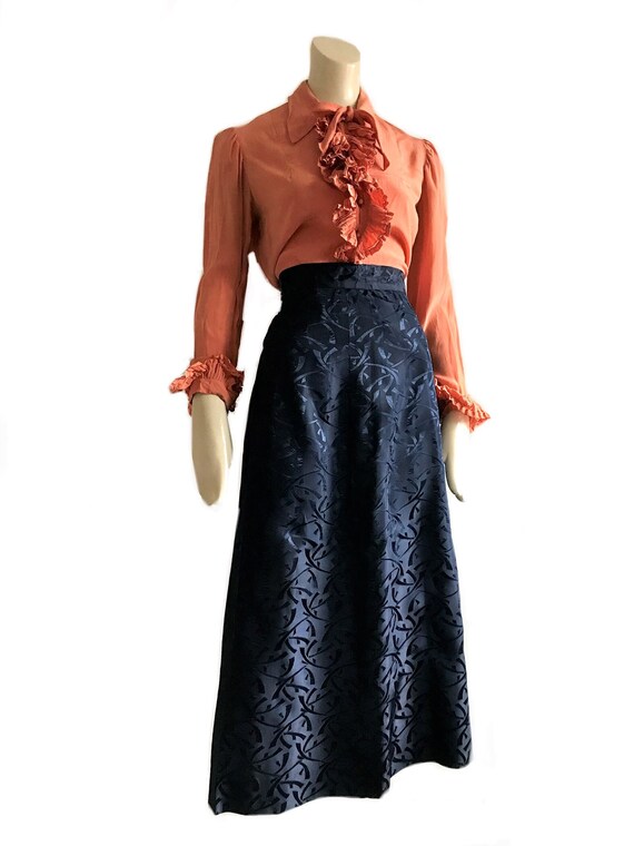 vintage 1940s blue Rayon brocade skirt / 40s WWII
