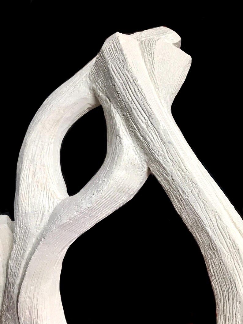Pode incluir: Uma escultura branca com uma forma texturizada semelhante a um ramo e acabamento mate. O objeto apresenta sulcos e cristas lineares intrincados que imitam a apar&ecirc;ncia dos veios da madeira natural, criando uma estrutura org&acirc;nica conectada.