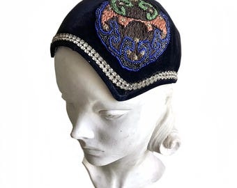 Vintage 1950s Velvet Beaded Hat: Rhinestone Embellished Cap