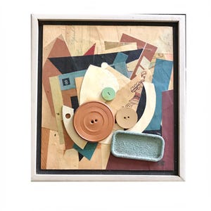 signed cubist mixed media collage paper art / small framed retro wall art