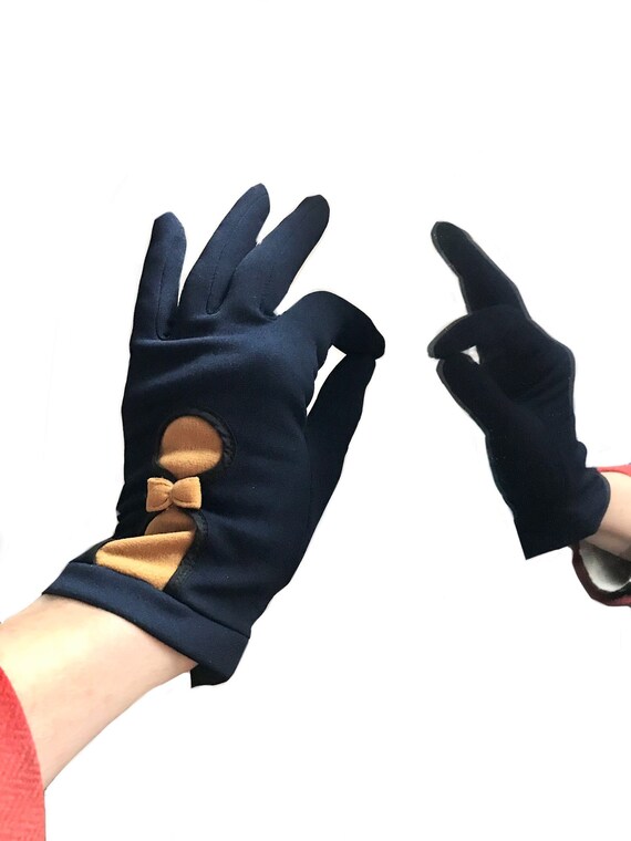 1950s 60s navy blue yellow gloves/ rockabilly mod… - image 1