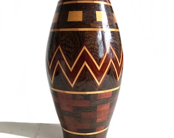 American segmented wood sculptural vase / woodturning inlay art vessel/ Southwestern decor