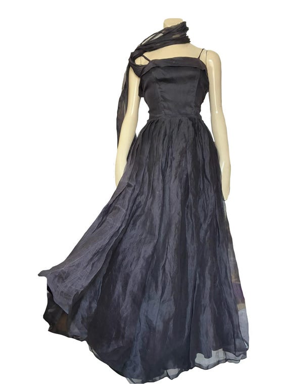 formal elegant 1940s dresses Elegant 1940's Midnight Navy Evening Gown With Lace Trim & Dramatic Ba –  Xtabay Vintage main image 1