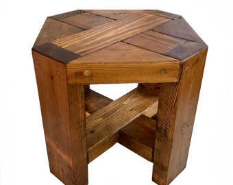 Mid Century rustic solid oak wood side table / vintage 1970s small octagon coffee end table / plant table