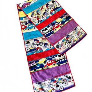 Oscar de la Renta  novelty car bicycle racing scarf / vintage 1970s Designer multi color cotton scarf / made in Japan