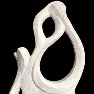 Pode incluir: Uma escultura branca com superf&iacute;cie texturizada apresentando linhas org&acirc;nicas fluidas e um grande espa&ccedil;o aberto central. A forma consiste em segmentos curvos interconectados que criam uma figura abstrata cont&iacute;nua sobre um fundo preto.