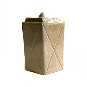 signed vintage 1980s Modernist beige ceramic box with lid / Avant Garde art studio pottery lidded box