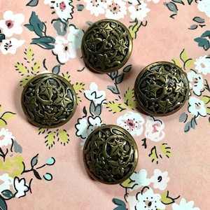 four Antique 1800s brass grapes and leaves novelty buttons / original Victorian floral sewing craft supply
