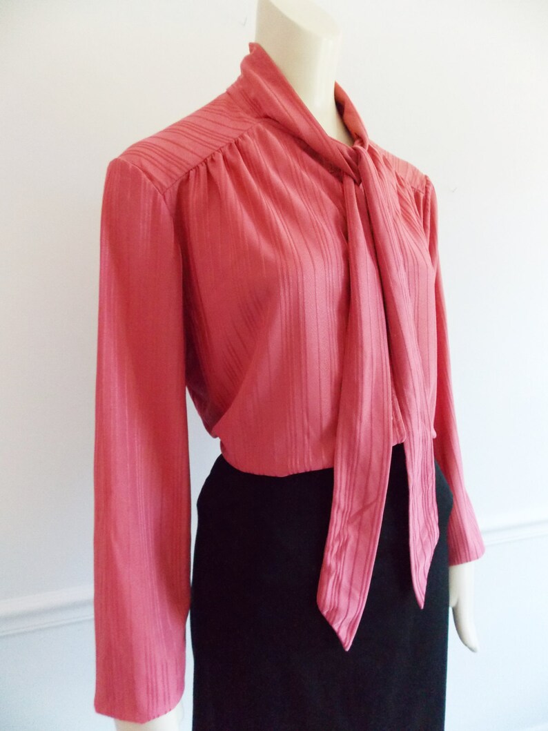 1970s retro pink satin ascot tie bow blouse /70s secretary | Etsy