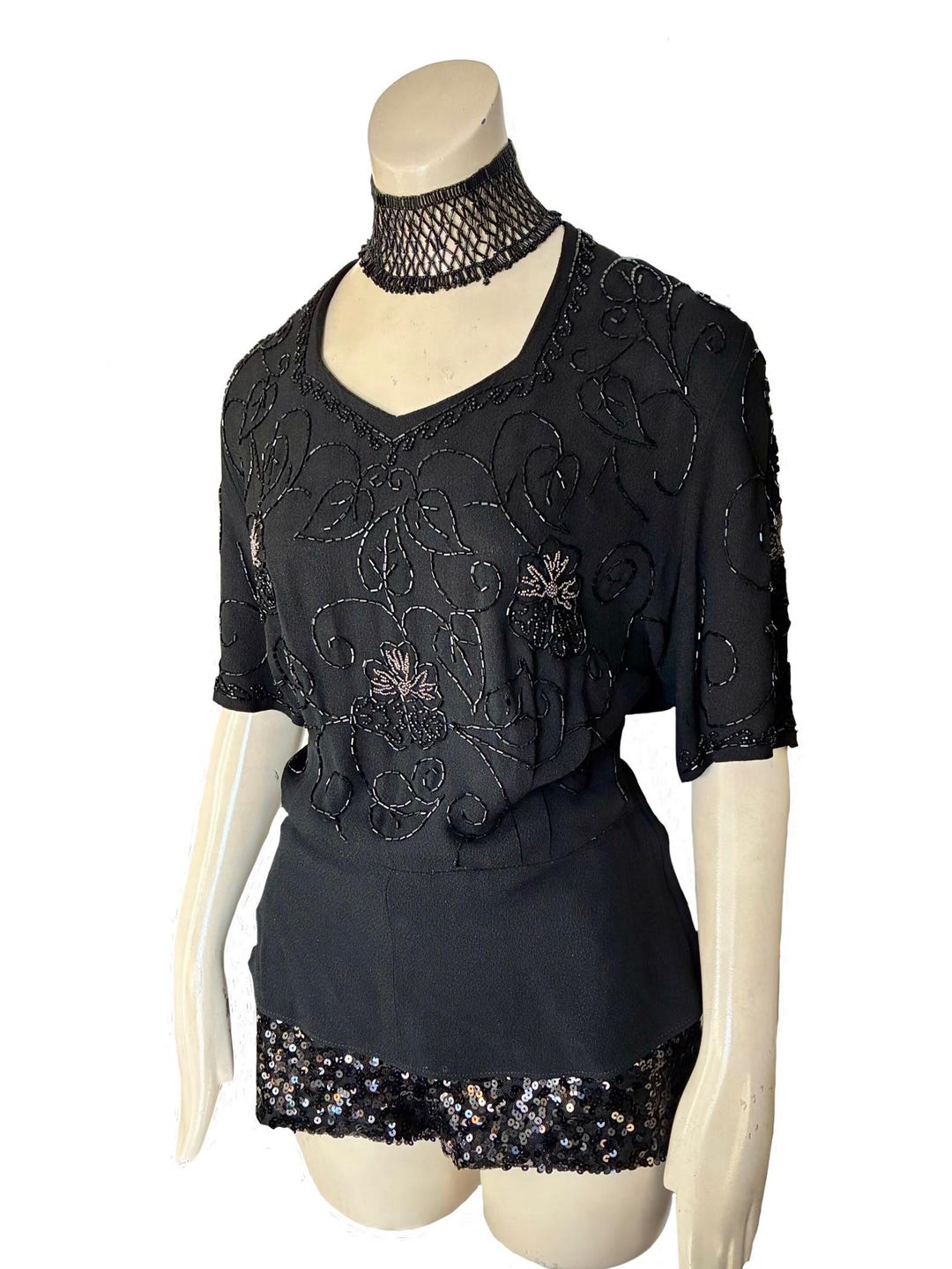Vintage 1940s Black Crepe Rayon Beaded Blouse / 40s WWII Swing Floral ...