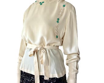 vintage 1940s cream white crepe rayon beaded blouse / 40s WWII swing turquoise floral glass bead top US size Medium