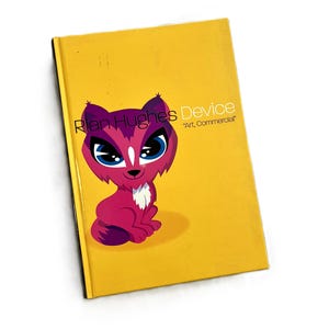 May include: A yellow book with a cartoon fox illustration in shades of pink and purple. The fox has large blue eyes and a white chest. The book's cover also features the text "Rian Hughes Device" and "Art, Commercial."