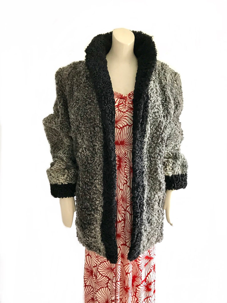vintage 1940s gray black curly lamb wool coat WWII swing rockabilly Mongolian wool winter coat size largeXlarge