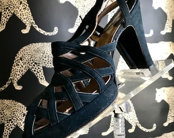 vintage 1940s black suede leather platform cut out shoes/ 40s peep toe pumps heels / sling backs size 7.5
