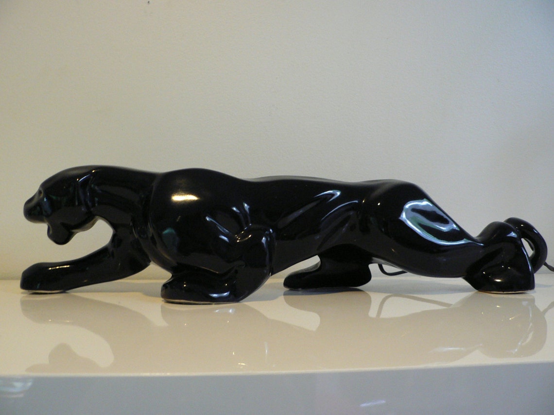 Vintage 1950s ceramic black panther tv lamp figurine / mid Etsy