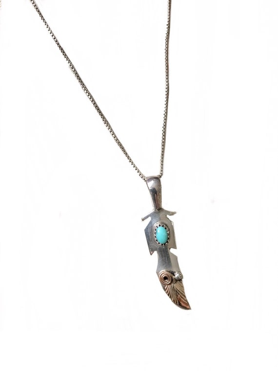 signed Turquoise stone Feather Shape Sterling Sil… - image 1