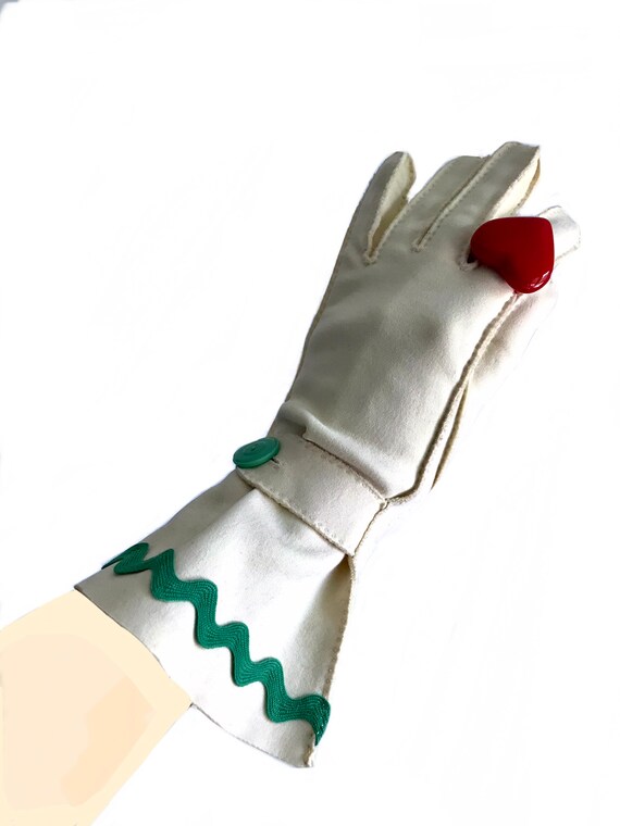 1930s 1940s yellow gauntlet green ribbon gloves / WWI… Gem